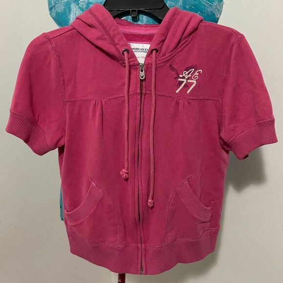 American Eagle Outfitters Short Sleeve Hoodie Zipped Girls Sweatshirt Size L - Picture 1 of 6